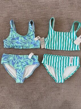 2 NWT Old Navy Mint Green & Blue Girls' Bikinis—Leaf Print + Stripes Size 10-12